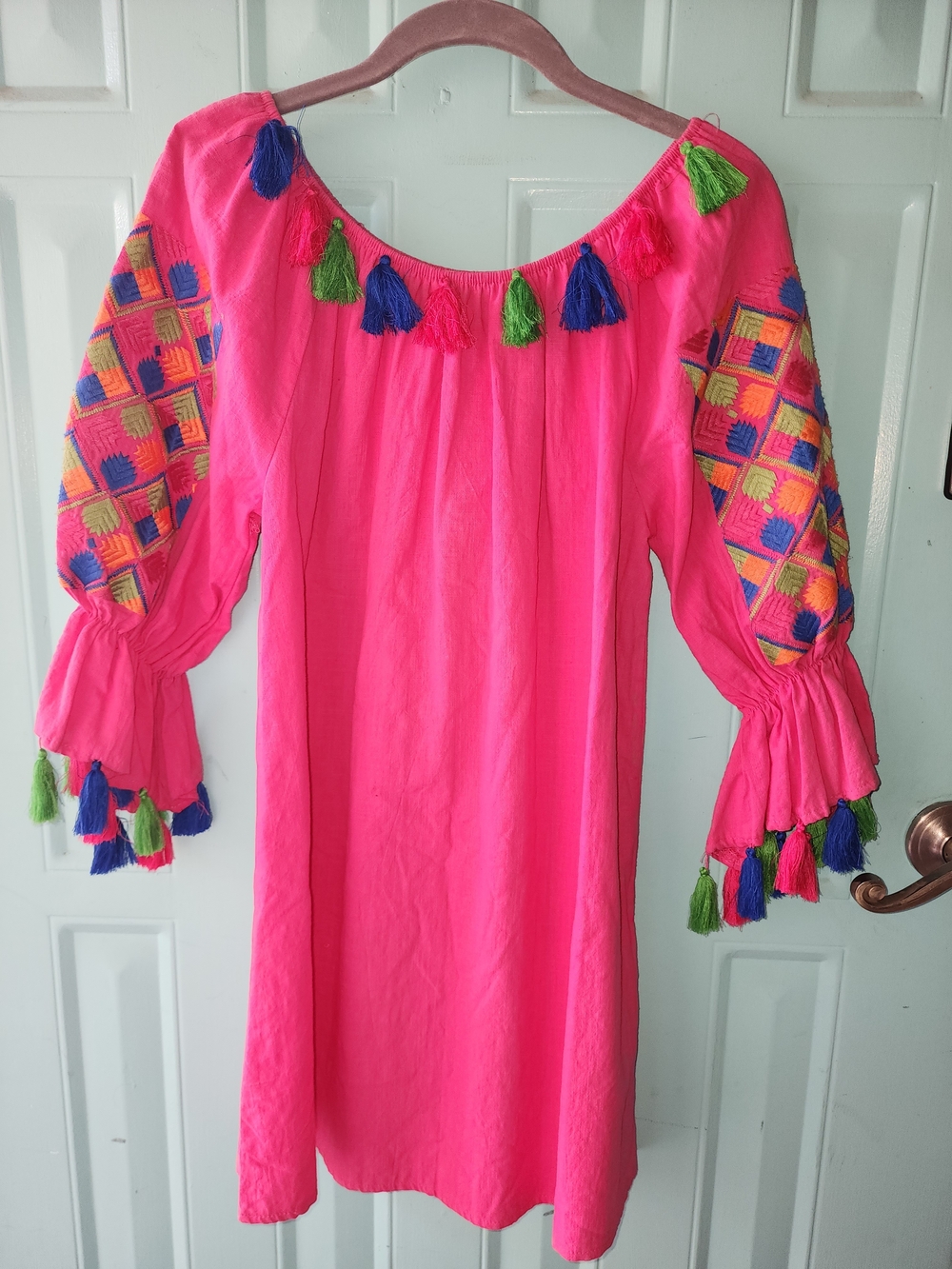 Velzera Neon Pink Embroidered Tassel Mini Dress